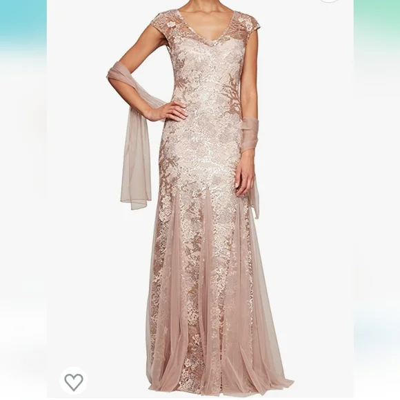 alex evenings rose gold dress Alex Evenings Long Embroidered Dress with Sequin Detail Rose Gold, Women's, Size: 18